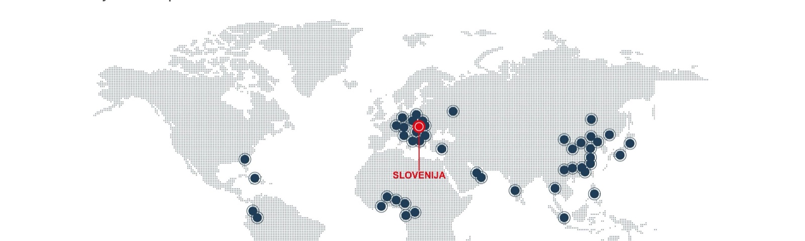Zemljevid sveta s prisotnostjo znamke Magniflex v 99 državah, označena Slovenija